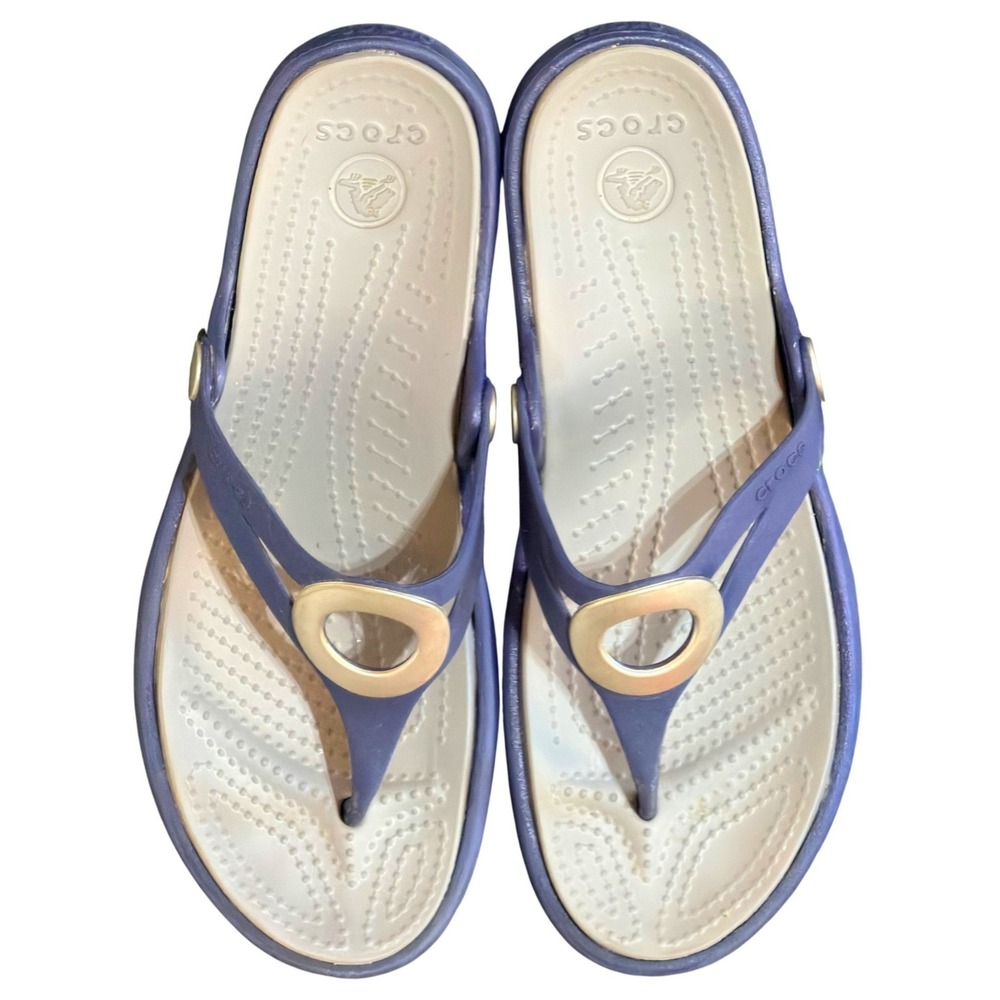 Crocs Sanrah Hammered Circle Sandals Womens 8 Navy Blue Croslite Wedge Flip Flop